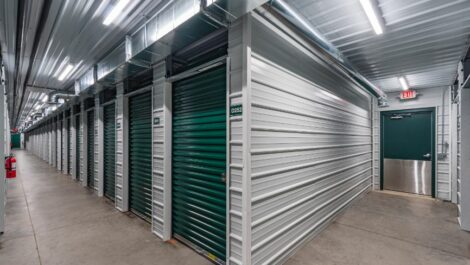 Exit door and indoor, climate controlled units at National Storage in Comstock Park, MI.