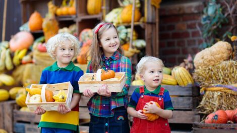 Three young children smiling for a picture while holding pumpkins.