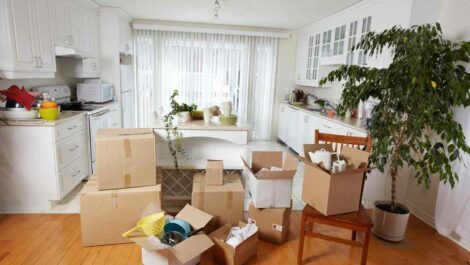 A kitchen getting packed up into moving boxes.