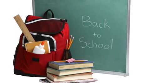 Backpack, school supplies, and a green chalkboard.