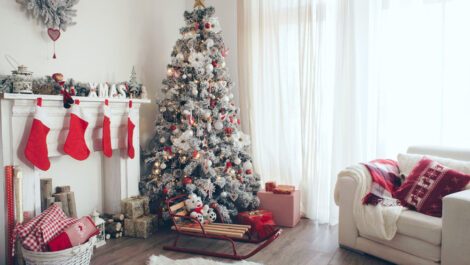 A living room decorated for Christmas.