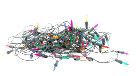 Tangled colored Christmas lights.