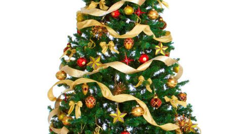 Green Christmas tree wrapped in gold ribbon and ornaments.