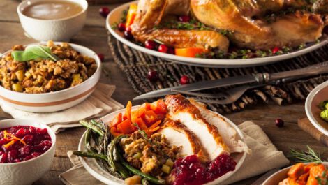 Homemade Thanksgiving dinner spread on a table.