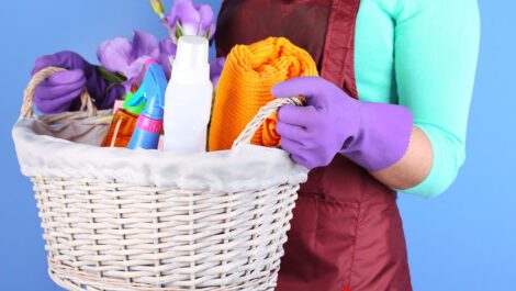 Cleaning lady carrying basket of cleaning supplies.