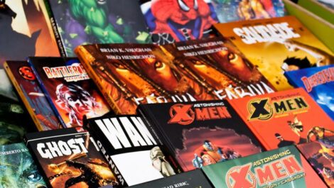 A set of comic books on display.