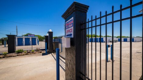 Secure storage facility gate at National Storage in Mount Vernon, IN.